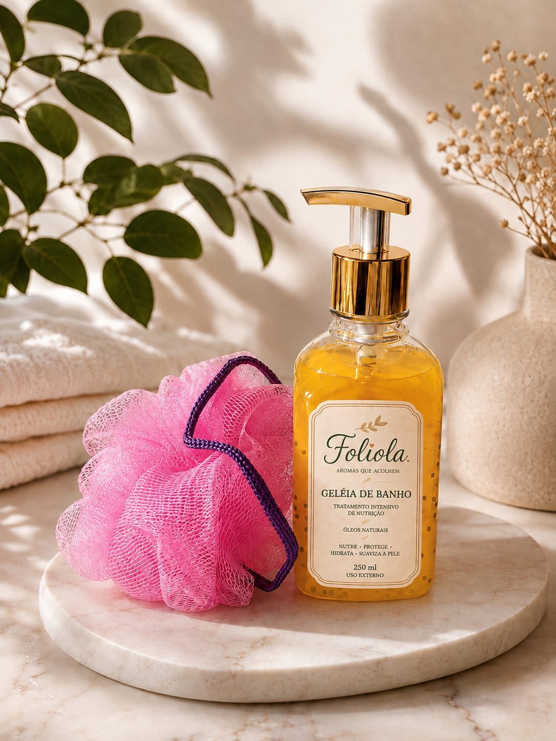 Geléia de banho de maracujá Foliola em frasco com válvula dourada, acompanhada de esponja de banho rosa
