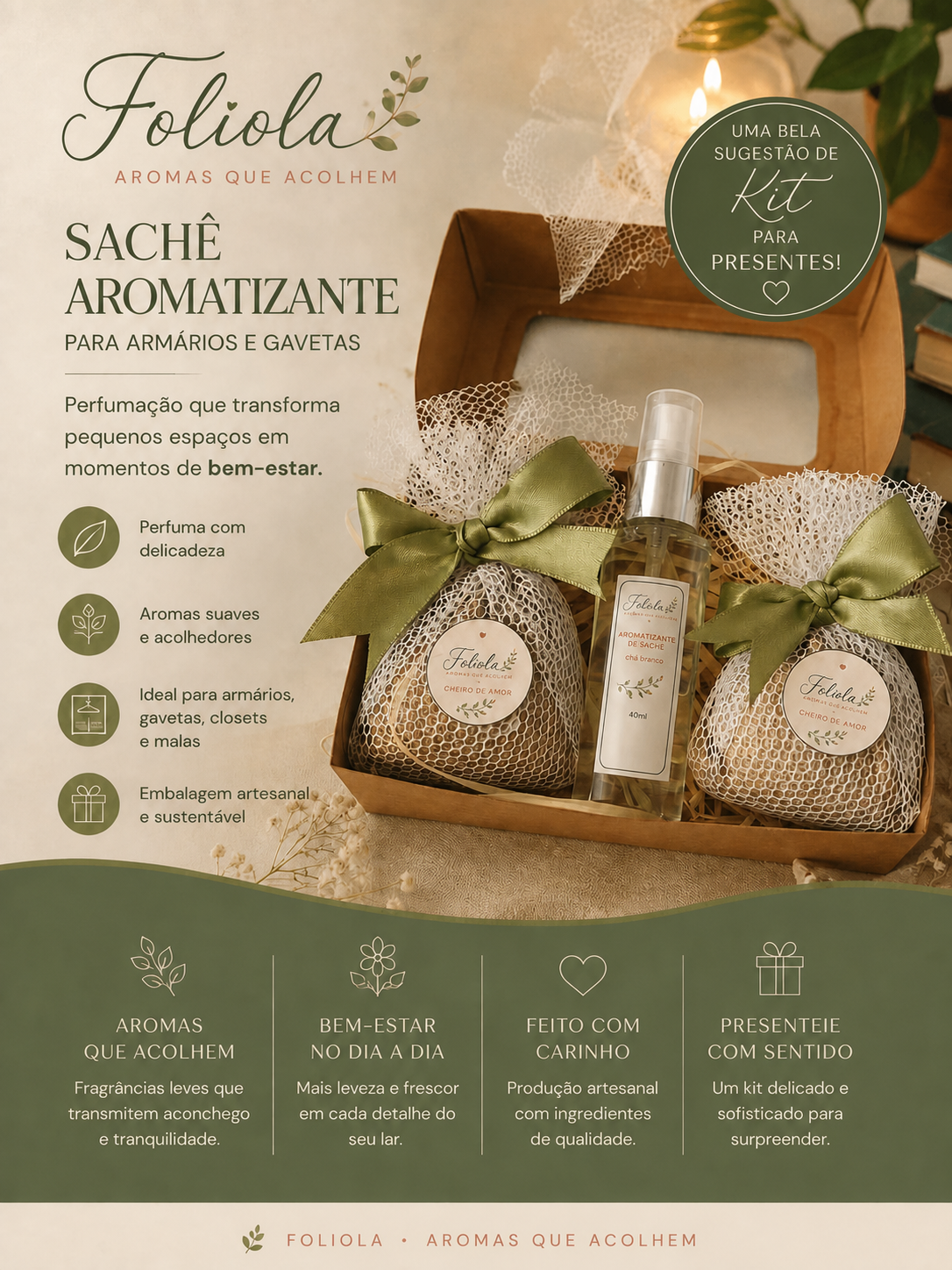 Kit Foliola com aromatizante de chá branco de 40 ml e dois sachês aromatizantes em caixa presenteável