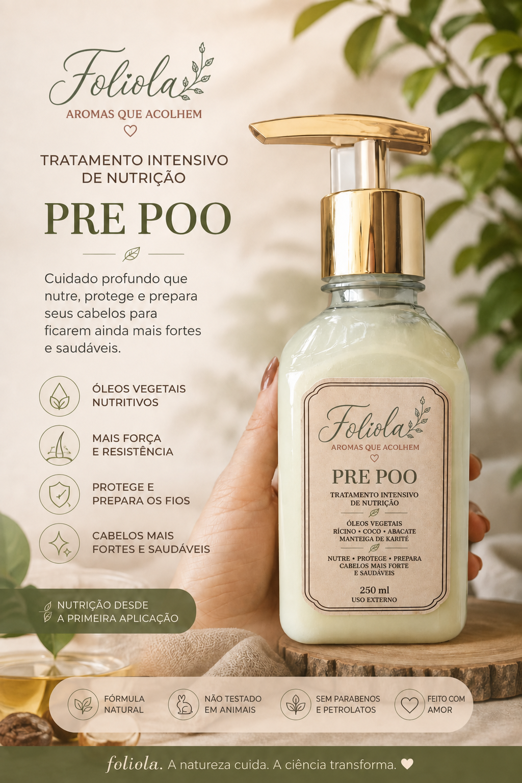 Pré-poo Foliola em frasco de 250 ml com óleos vegetais nutritivos